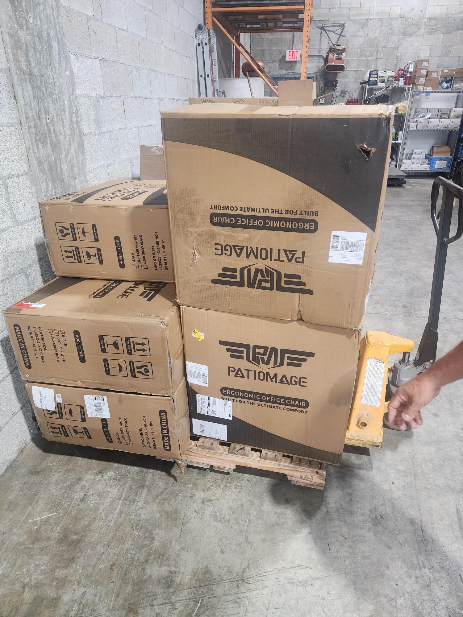Palletized ergonomic office chair cartons ready for delivery